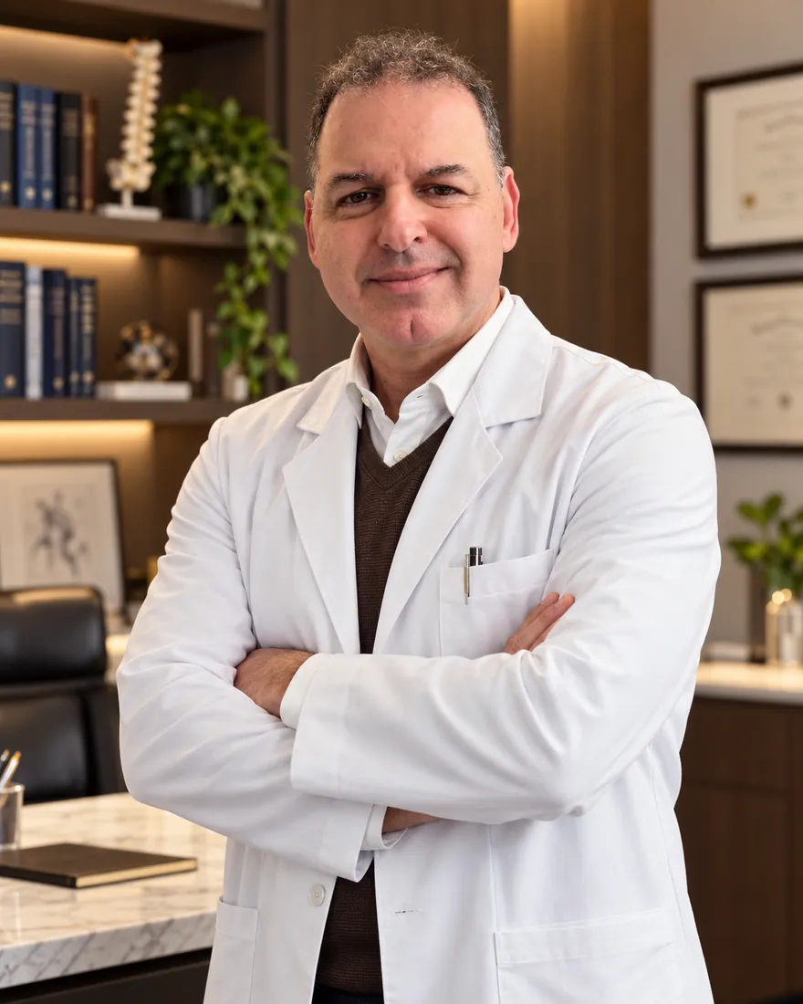 Dr. Alessandro Spolavori de jaleco, em consultório, com os braços cruzados
