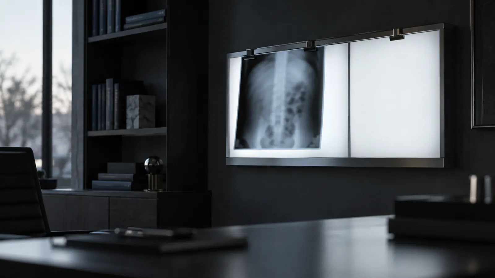 Negatoscópio aceso numa sala escura, com uma radiografia abdominal presa na primeira chapa